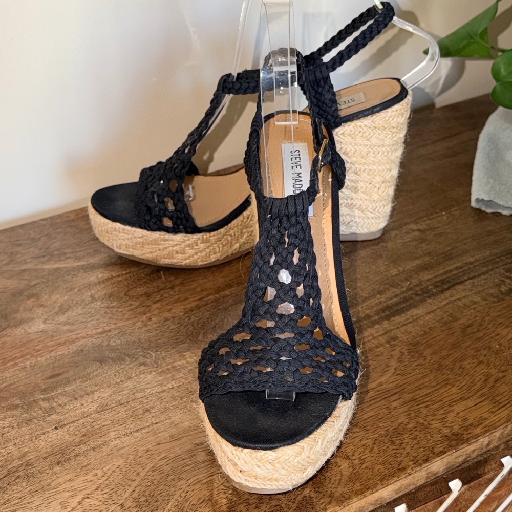 Steve Madden Manngo Black Crochet Espadrille Wedge Sandal Womens 8 Platform Chic